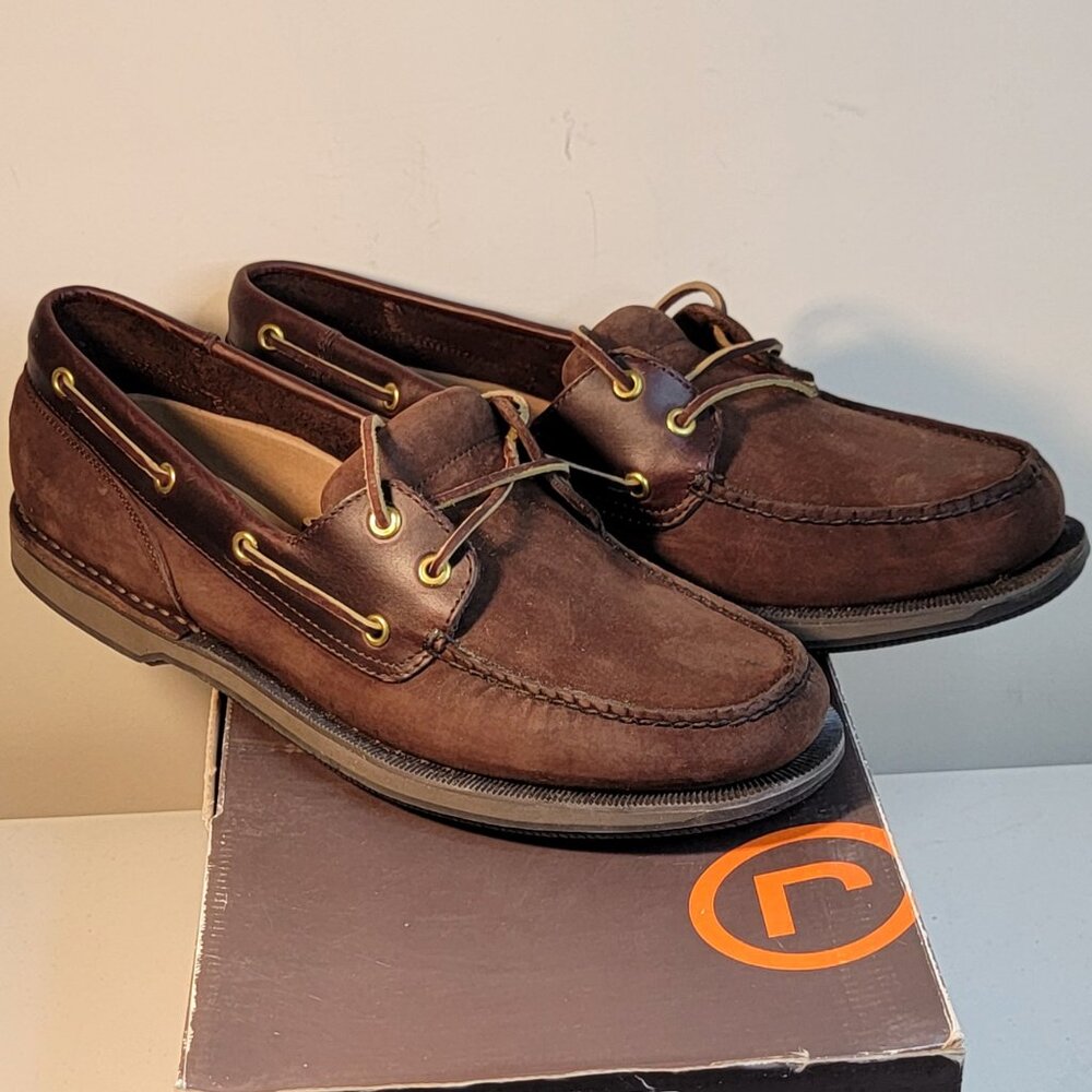 ROCKPORT PERTH TIMBER CHOCOLATE BROWN NUBUCK BOAT SHOES (SIZE: 13 NARROW)